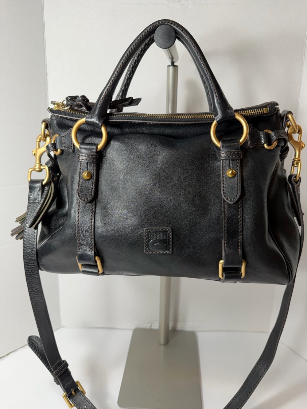 Dooney & Bourke Florentine Black Leather Satchel with Gold Hardware Accents